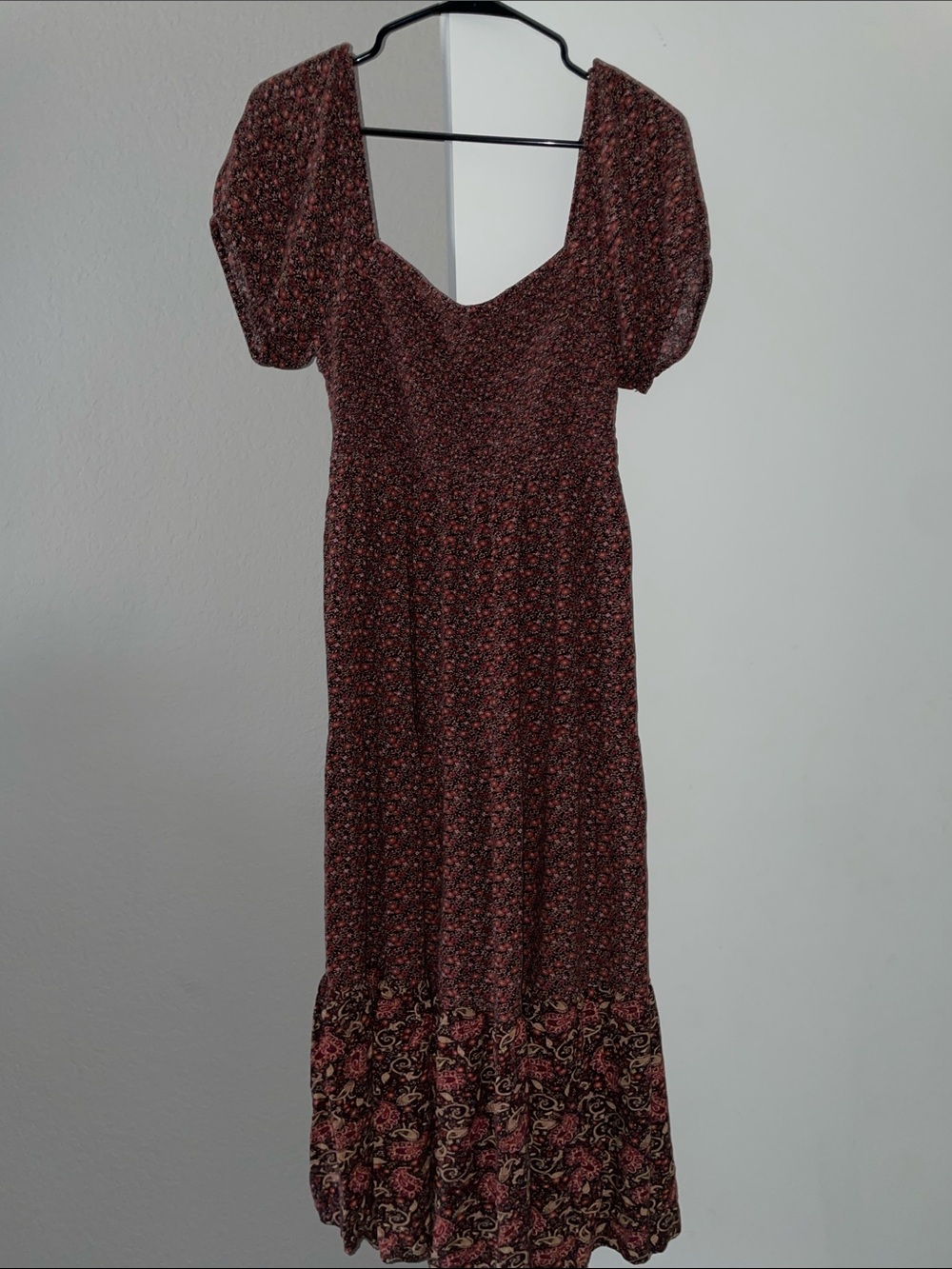 American Eagle Outfitters Brown Floral Square-Neck Midi Dress with Puff Sleeves
